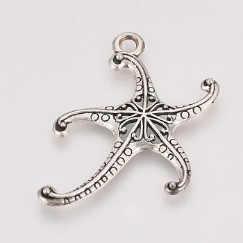Tibetan Style Alloy Pendants, Starfish/Sea Stars, Cadmium Free & Lead Free, Antique Silver, 45x29x3mm, Hole: 2.5mm, about 335pcs/1000g
