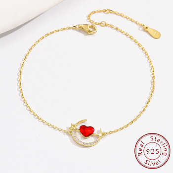 Moon & Arrow & Heart Sterling Silver Link Bracelets, with Red Cubic Zirconia, Golden, 6-3/4 inch(17cm)