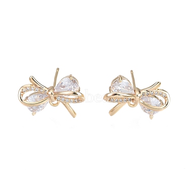 Real 18K Gold Plated Clear Bowknot Brass+Cubic Zirconia Stud Earring Findings