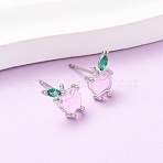Brass Micro Pave Cubic Zirconia Apple Stud Earrings, with Glass, Real Platinum Plated, 9x8.5mm(EJEW-L278-04P)