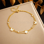 304 Stainless Steel Pave Natural Shell & Crystal Rhinestone Charm Double Layer Anklets for Women, Golden, Butterfly, 8-1/4 inch(210mm)(FS-WGA3011-05)