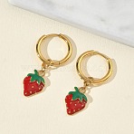 Fruit 304 Stainless Steel Enamel Hoop Dangle Earrings, Golden, Strawberry, 32x16mm(EJEW-T059-01A)