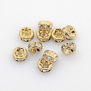 Brass Rhinestone Spacer Beads, Grade AAA, Straight Flange, Nickel Free, Light Gold Metal Color, Rondelle, Crystal, 6x3mm, Hole: 1mm(X-RB-A014-Z6mm-01LG-NF)