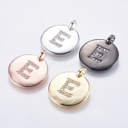 Brass Pendants, with Micro Pave Cubic Zirconia, Flat Round with Letter, Letter.E, 23~23.5x2mm, Hole: 3.5x4mm(KK-K218-E)