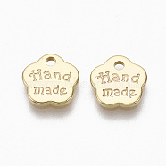 Brass Charms, Nickel Free, Flower, with Words Handmade, Real 18K Gold Plated, 8x8x1mm, Hole: 1.2mm(X-KK-R132-076-NF)