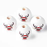 Painted Natural Wood Beads, Christmas Style, Round with Elk, Red, 16x15mm, Hole: 4mm(WOOD-N006-186)