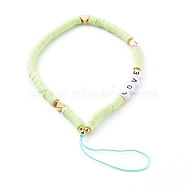 Polymer Clay Heishi Beaded Mobile Straps, Telephone Jewelry, with Acrylic Enamel Beads and Brass Beads, Word Love, Golden, Light Green, 20cm(HJEW-JM00464-02)