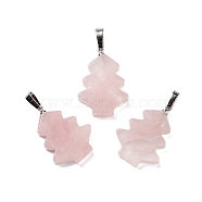 Natural Rose Quartz Pendants, Christmas Tree Charms with Rack Plating Brass Snap on Bails, Platinum, 34x20x5mm, Hole: 8x5mm(G-A203-01J-P)