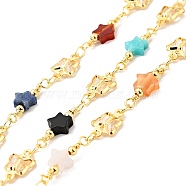 Natural Mixed Gemstone Star & Clear Glass Beaded Chains, with Gold Plated Brass Butterfly Link Chains, Long-Lasting Plated, Soldered, with Spool, Cadmium Free & Lead Free, 11x7x2mm, 19x6x2mm(CHC-C025-06G)