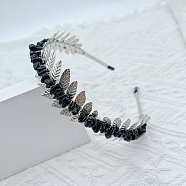 Natural Obsidian Chip Hair Bands, Hair Accessories for Bridal, with Metal Leaf Hair Hoop, 150x125x35mm(PW-WG55675-01)