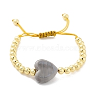 Handmade Lampwork Heart Bracelets, Adjustable 6mm Round Brass Braided Bead Bracelets for Women, Real 18K Gold Plated, Gray, Inner Diameter: 1-7/8~3-1/8 inch(4.8~7.8cm), Heart: 19x20.5x7mm(BJEW-Q338-01I)