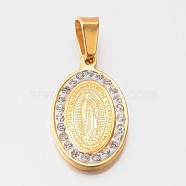 304 Stainless Steel Flat Oval with Virgin Mary Religion Pendants, with Rhinestones, Golden, 21x13x2.5mm, Hole: 4x6mm(STAS-L130-05)