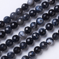 Natural Striped Agate/Banded Agate Beads Strands, Dyed & Heated, Faceted, Grade A, Round, Black, 8mm, Hole: 1.2mm, about 47pcs/strand, 14.9 inch(38cm)(G-G753-08-8mm)
