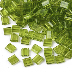 2-Hole Glass Seed Beads, Transparent Colours, Rectangle, Yellow Green, 5x4.5~5.5x2~2.5mm, Hole: 0.5~0.8mm(SEED-T003-01C-07)