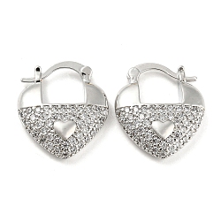 Heart Shape Brass Micro Pave Clear Cubic Zirconia Thick Hoop Earrings, Long-Lasting Plated, Cadmium Free & Lead Free, Platinum, 22x19x5mm(EJEW-Q785-02P)