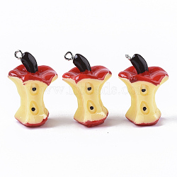 Resin Pendants, with Platinum Plated Iron Loop, Apple Core, Imitation Food, Red, 30~32x21~22x17~20mm, Hole: 1.8mm(X-RESI-N023-01)