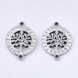 201 Stainless Steel Links connectors, with Polymer Clay Crystal Rhinestone, Flat Round with Tree of Life, Stainless Steel Color, 20x15x2.5mm, Hole: 1.6mm(STAS-N091-09P)