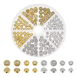 140Pcs 8 Style Tibetan Style Alloy Beads, Flat Round, Mixed Color, 6~8x6~8x3~4mm, Hole: 1~1.5mm(FIND-GO0001-98)