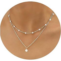 Simple Style Imitation Pearl Round Pendant Alloy Chain Double Layer Necklaces for Women, White, Silver, 13.78~17.72 inch(35~45cm), 2pcs/set(FS-WG0DEC3-02)