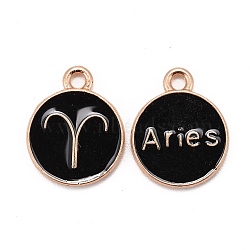 Alloy Enamel Pendants, Cadmium Free & Lead Free, Flat Round with Constellation, Light Gold, Black, Aries, 15x12x2mm, Hole: 1.5mm(X-ENAM-S124-01B-08A)