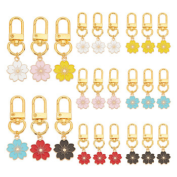 24Pcs 6 Colors Alloy Enamel Pendant Decorations, with Alloy Swivel Clasps, Flower, Mixed Color, 53mm, Pendant: 23mm, 4pcs/color