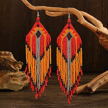 Bohemian Style Handmade Glass Bead Dangle Earrings for Daily Wear, Platinum, Red, 145x35mm