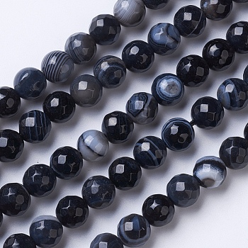 Natural Black Agate Beads Strands, Dyed & Heated, Faceted, Grade A, Round, Black, 8mm, Hole: 1.2mm, about 47pcs/strand, 14.9 inch(38cm)