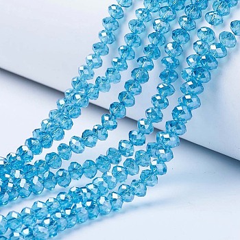 Electroplate Glass Beads Strands, Pearl Luster Plated, Faceted, Rondelle, Deep Sky Blue, 3.5x3mm, Hole: 0.4mm, about 123~127pcs/strand, 13.7~14.1 inch(35~36cm)