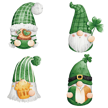 8Pcs 4 Styles Saint Patrick's Day Self Adhesive Waterproof PVC Stickers, for Wall, Window or Stairway Decoration, Round with 4-Leaf Clover, Gnome Pattern, 16x0.03cm, 2pcs/style