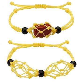 Adjustable Braided Nylon Cord Macrame Pouch Bracelet Making, with Glass Beads, Yellow, Inner Diameter: 1-7/8~3-1/4 inch(4.7~8.4cm), 2 styles, 1pc/style, 2pcs/set