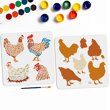 US 1 Set PET Hollow Out Drawing Painting Stencils, for DIY Scrapbook, Photo Album, with 1Pc Art Paint Brushes, Rooster, 300x300mm, 2pcs/set