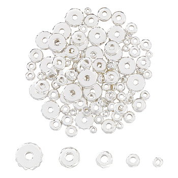 SUPERFINDINGS 100Pcs 5 Style Brass Beads, Cadmium Free & Lead Free, Flat Round, Silver, 3~7.8x1.5~2mm, Hole: 1.2~2mm, 20pcs/style