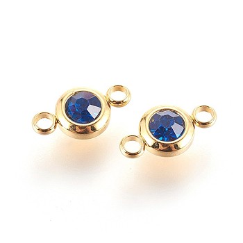 304 Stainless Steel Rhinestone Links connectors, Flat Round, Golden, Sapphire, 12x6.5x4mm, Hole: 2mm