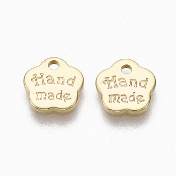 Brass Charms, Nickel Free, Flower, with Words Handmade, Real 18K Gold Plated, 8x8x1mm, Hole: 1.2mm
