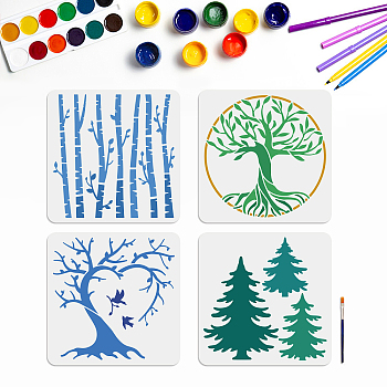 US 1 Set PET Hollow Out Drawing Painting Stencils, for DIY Scrapbook, Photo Album, with 1Pc Art Paint Brushes, Tree Pattern, 300x300mm, 4pc/style