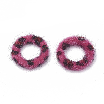 Faux Mink Fur Covered Linking Rings, with Aluminum Bottom, Ring, Platinum, Hot Pink, 27x4mm