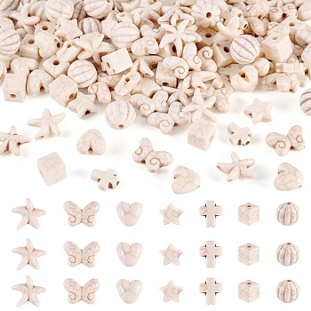 140Pcs 7 Styles Synthetic Howlite Beads, for Jewelry Making, Floral White, Mixed Shapes, 8~13.5x7.5~14x3.5~7mm, Hole: 1.5~2mm, 20pcs/style