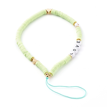 Polymer Clay Heishi Beaded Mobile Straps, Telephone Jewelry, with Acrylic Enamel Beads and Brass Beads, Word Love, Golden, Light Green, 20cm
