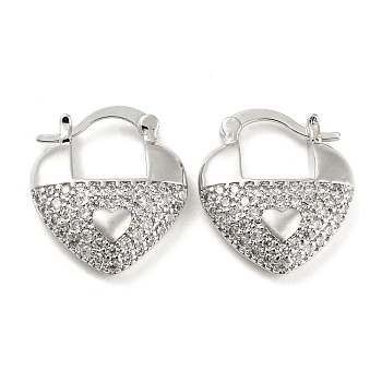 Heart Shape Brass Micro Pave Clear Cubic Zirconia Thick Hoop Earrings, Long-Lasting Plated, Cadmium Free & Lead Free, Platinum, 22x19x5mm