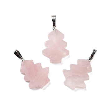 Natural Rose Quartz Pendants, Christmas Tree Charms with Rack Plating Brass Snap on Bails, Platinum, 34x20x5mm, Hole: 8x5mm