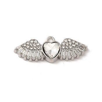 Rack Plating Alloy Rhinestone Charms, with Glass, Nickel Free, Heart with Wings, Platinum, Clear, 10.5x27.5x5mm, Hole: 1.6mm