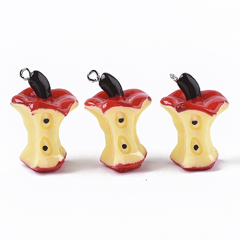 Resin Pendants, with Platinum Plated Iron Loop, Apple Core, Imitation Food, Red, 30~32x21~22x17~20mm, Hole: 1.8mm