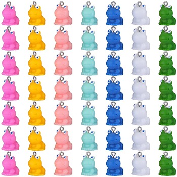 49Pcs 7 Styles Opaque Resin Pendants, 3D Frog Charms, with 304 Stainless Steel Loops, Mixed Color, 19.5~20x14~15.5x15mm, Hole: 1.8~2mm, 7pcs/style