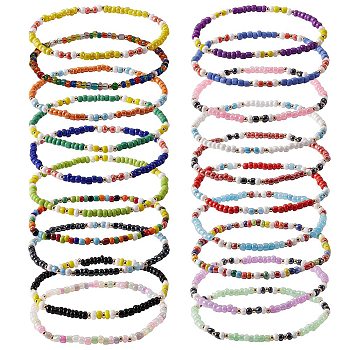 Candy Color Glass Seed Beads Stretch Anklets Set for Girl Women, Mixed Color, Inner Diameter: 2-3/4 inch(7cm), 20pcs/set