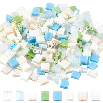 SUNNYCLUE 320Pcs 8 Colors 2-Hole Opaque Glass Seed Beads, Lustered, Rectangle, Mixed Color, 5x4.5~5.5x2~2.5mm, Hole: 0.5~0.8mm, 40Pcs/color