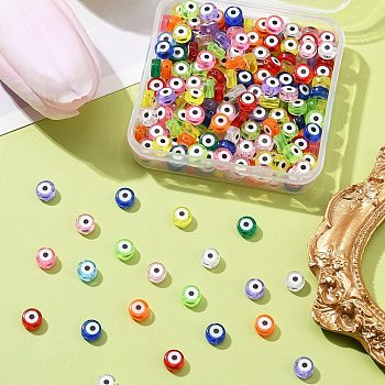 230Pcs Transparent & Printed Acrylic Beads, Flat Round with Evil Eye Pattern, Mixed Color, 7x4mm, Hole: 1.2mm