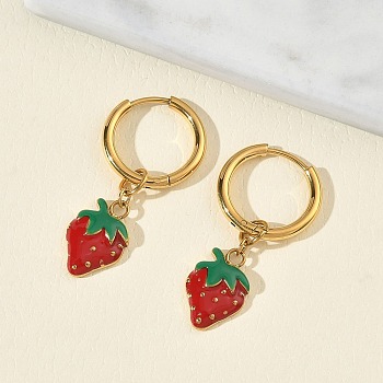 Fruit 304 Stainless Steel Enamel Hoop Dangle Earrings, Golden, Strawberry, 32x16mm