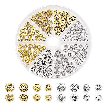 140Pcs 8 Style Tibetan Style Alloy Beads, Flat Round, Mixed Color, 6~8x6~8x3~4mm, Hole: 1~1.5mm