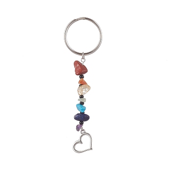 Natural Gemstone Chips Keychains, Alloy Charms Keychains with Iron Split Key Rings, Heart, 9cm, Charm: 14x15.5x2mm