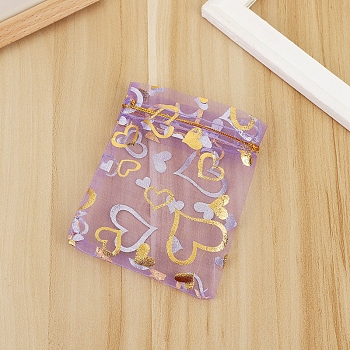 Rectangle Organza Drawstring Gift Bags, Gold Stamping Heart Pouches for Wedding Party Gift Storage, Orchid, 12x9cm